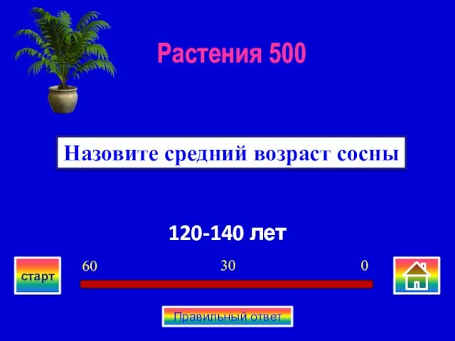 120-140 лет Назовите средний возраст сосны Растения 500 0 30 60 старт Правильный ответ