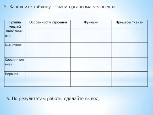 5. Заполните таблицу «Ткани организма человека». 6. По результатам работы сделайте вывод.