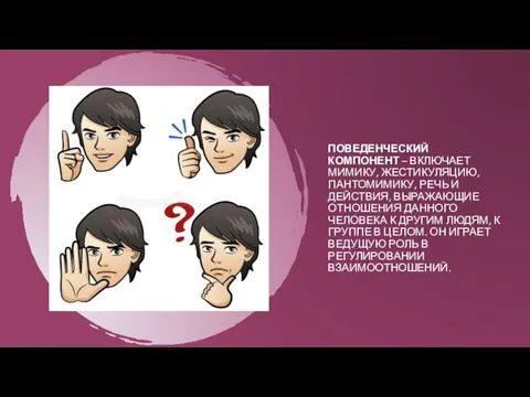 ПОВЕДЕНЧЕСКИЙ КОМПОНЕНТ – ВКЛЮЧАЕТ МИМИКУ, ЖЕСТИКУЛЯЦИЮ, ПАНТОМИМИКУ, РЕЧЬ И ДЕЙСТВИЯ, ВЫРАЖАЮЩИЕ ОТНОШЕНИЯ