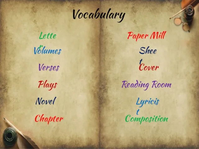 Vocabulary Letter Volumes Verses Plays Novel Chapter Paper Mill Sheet Cover Reading Room Lyricist Composition