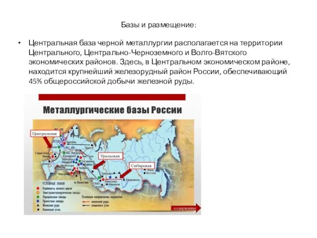 Базы и размещение: Центральная база черной металлургии располагается на территории Центрального, Центрально-Черноземного