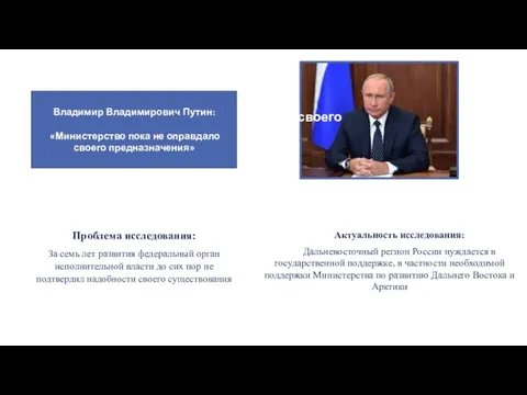 Владимир Владимирович Путин: «Министерство пока не оправдало своего предназначения» Проблема исследования: За