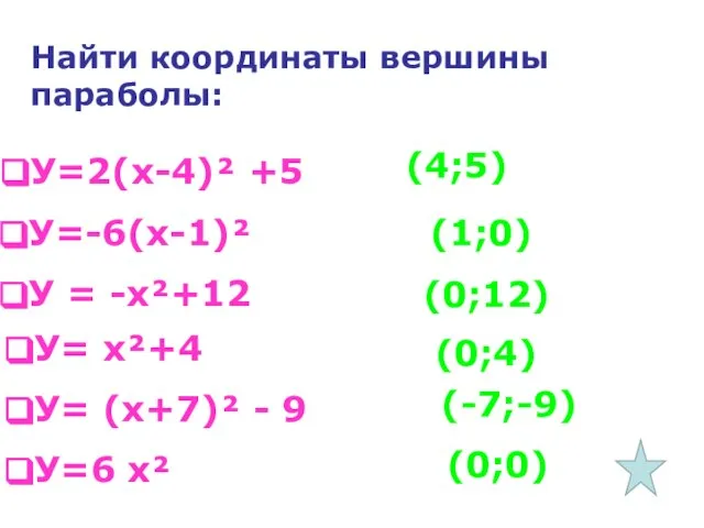 Найти координаты вершины параболы: У=2(х-4)² +5 У=-6(х-1)² У = -х²+12 У= х²+4
