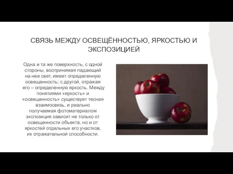 СВЯЗЬ МЕЖДУ ОСВЕЩЁННОСТЬЮ, ЯРКОСТЬЮ И ЭКСПОЗИЦИЕЙ Одна и та же поверхность, с