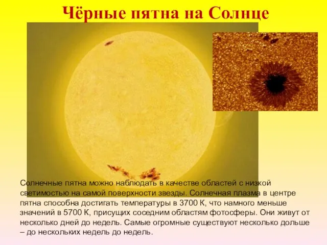 Чёрные пятна на Солнце Солнечные пятна можно наблюдать в качестве областей с