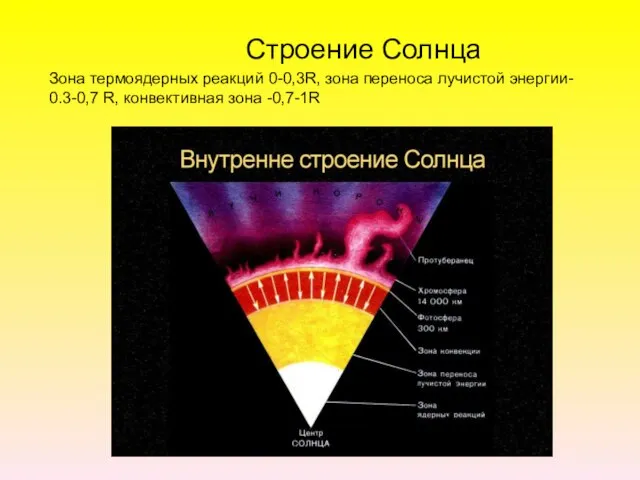 Строение Солнца Зона термоядерных реакций 0-0,3R, зона переноса лучистой энергии- 0.3-0,7 R, конвективная зона -0,7-1R