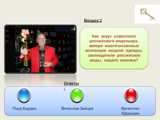 Вопрос 2 Ответы: Как зовут известного российского модельера, автора многочисленных коллекций модной