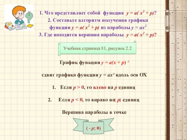 1. Что представляет собой функция у = а( х2 + р)? 2.