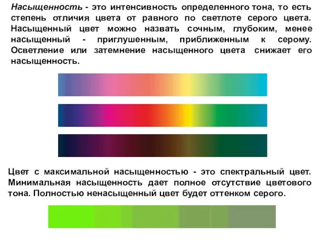 Насыщенность - это интенсивность определенного тона, то есть степень отличия цвета от