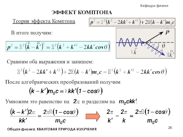 Общая физика. КВАНТОВАЯ ПРИРОДА ИЗЛУЧЕНИЯ ЭФФЕКТ КОМПТОНА Теория эффекта Комптона После алгебраических