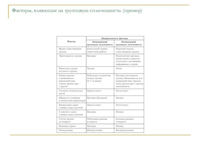 Факторы, влияющие на групповую сплоченность: (пример)