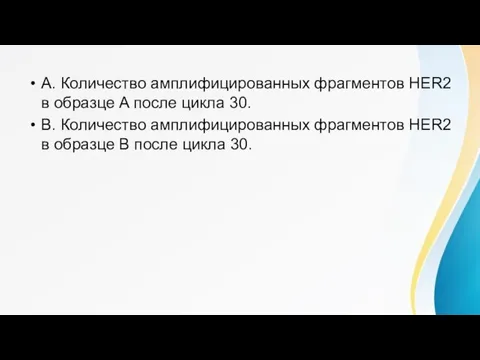 A. Количество амплифицированных фрагментов HER2 в образце A после цикла 30. B.