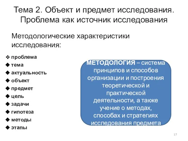 Методологические характеристики исследования: проблема тема актуальность объект предмет цель задачи гипотеза методы