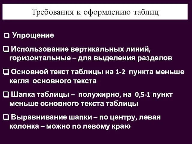 Требования к оформлению таблиц Упрощение Использование вертикальных линий, горизонтальные – для выделения