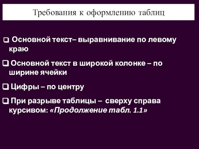 Требования к оформлению таблиц Основной текст– выравнивание по левому краю Основной текст