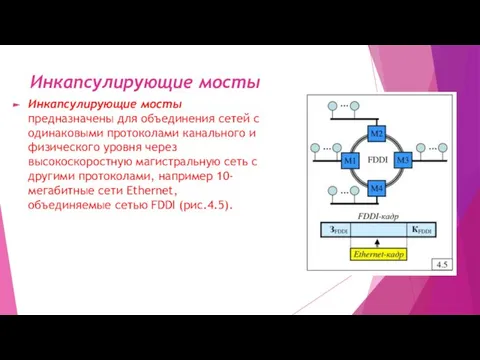 Инкапсулирующие мосты Инкапсулирующие мосты предназначены для объединения сетей с одинаковыми протоколами канального