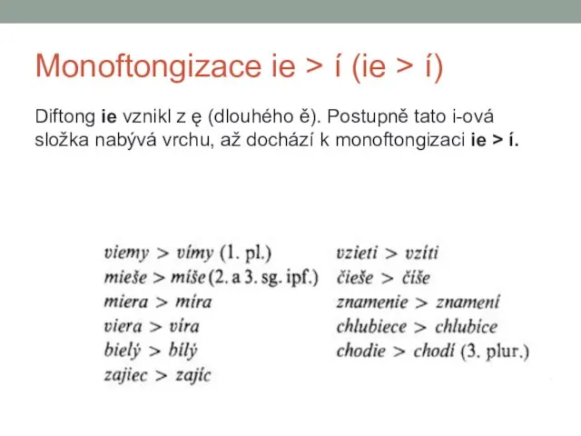 Monoftongizace ie > í (ie > í) Diftong ie vznikl z ę