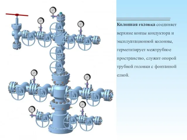 Колонная головка соединяет верхние концы кондуктора и эксплуатационной колонны, герметизирует межтрубное пространство,