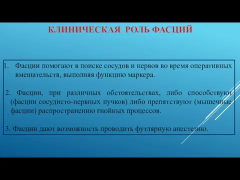 КЛИНИЧЕСКАЯ РОЛЬ ФАСЦИЙ Фасции помогают в поиске сосудов и нервов во время