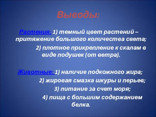 Выводы: Растения: 1) темный цвет растений – притяжение большого количества света; 2)