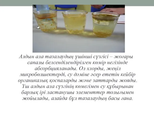 Алдын ала тазалаудың үшінші сүзгісі – жоғары сапалы белсенділендірілген көмір негізінде абсорбцияланады.