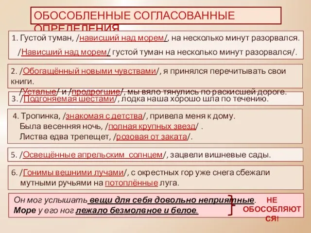 ОБОСОБЛЕННЫЕ СОГЛАСОВАННЫЕ ОПРЕДЕЛЕНИЯ 1. Густой туман, /нависший над морем/, на несколько минут