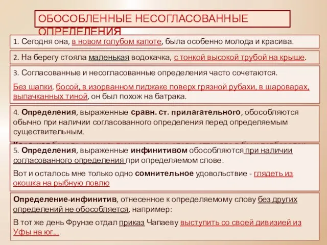 ОБОСОБЛЕННЫЕ НЕСОГЛАСОВАННЫЕ ОПРЕДЕЛЕНИЯ 1. Сегодня она, в новом голубом капоте, была особенно