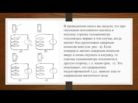 В приведенном опыте мы видели, что при опускании постоянного магнита в катушку