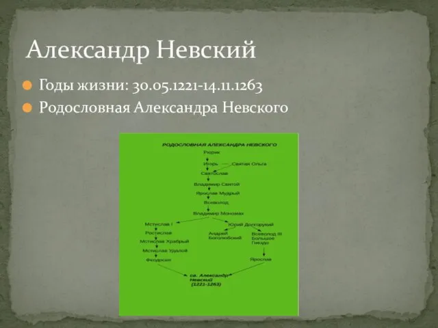 Годы жизни: 30.05.1221-14.11.1263 Родословная Александра Невского Александр Невский