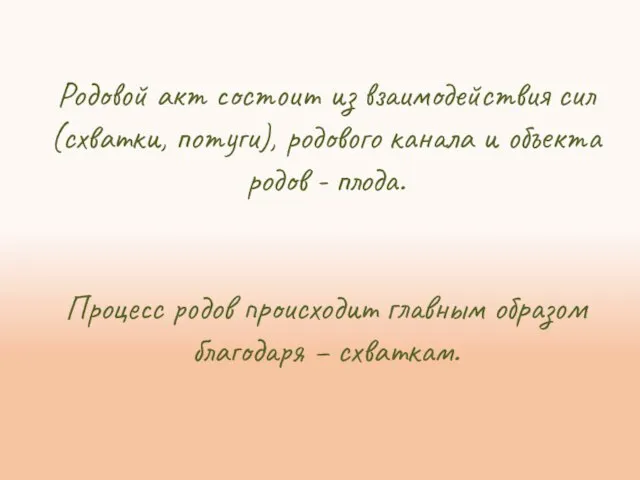 Родовой акт состоит из взаимодействия сил (схватки, потуги), родового канала и объекта