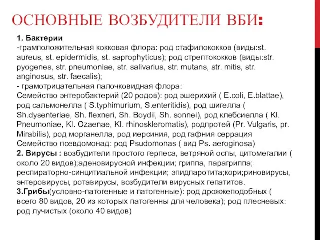 ОСНОВНЫЕ ВОЗБУДИТЕЛИ ВБИ: 1. Бактерии -грамположительная кокковая флора: род стафилококков (виды:st. aureus,