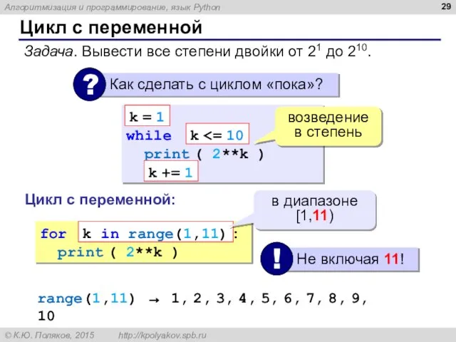 Цикл с переменной Задача. Вывести все степени двойки от 21 до 210.