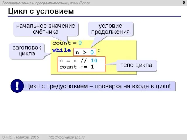 Цикл с условием count = 0 while : n = n //