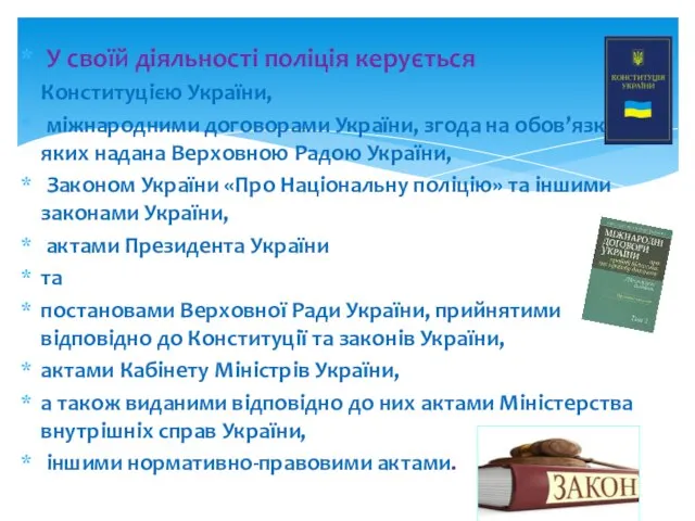 У своїй діяльності поліція керується Конституцією України, міжнародними договорами України, згода на