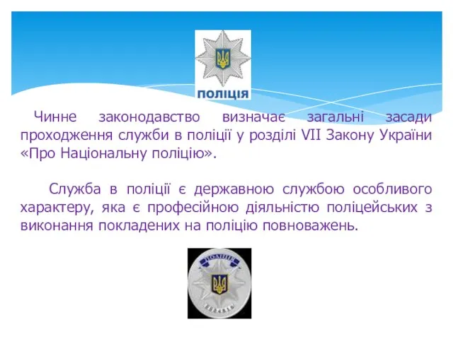 Чинне законодавство визначає загальні засади проходження служби в поліції у розділі VII