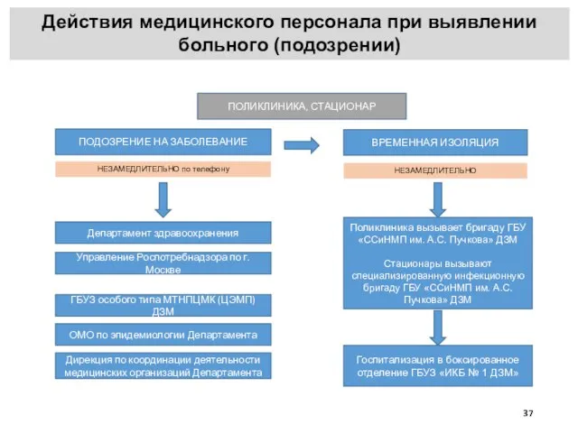 ПОДОЗРЕНИЕ НА ЗАБОЛЕВАНИЕ ПОЛИКЛИНИКА, СТАЦИОНАР ВРЕМЕННАЯ ИЗОЛЯЦИЯ НЕЗАМЕДЛИТЕЛЬНО по телефону НЕЗАМЕДЛИТЕЛЬНО Департамент