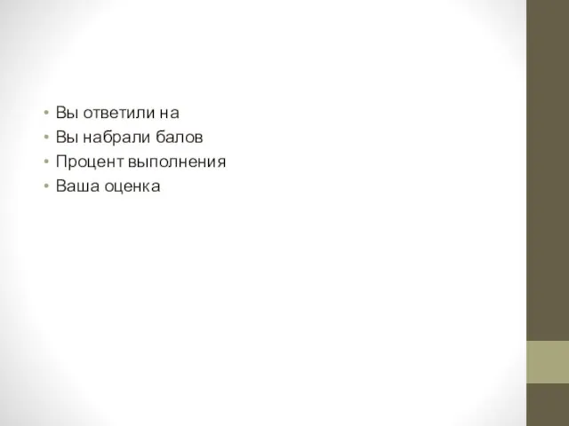 Вы ответили на Вы набрали балов Процент выполнения Ваша оценка