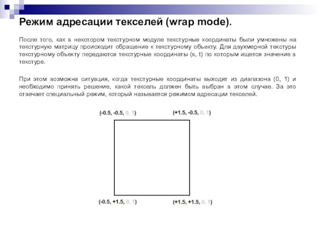 Режим адресации текселей (wrap mode). После того, как в некотором текстурном модуле