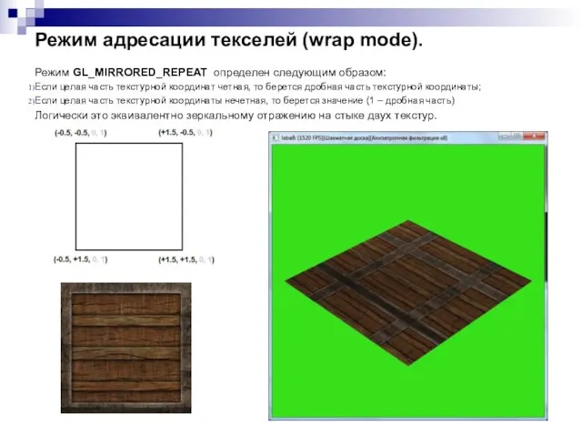 Режим адресации текселей (wrap mode). Режим GL_MIRRORED_REPEAT определен следующим образом: Если целая