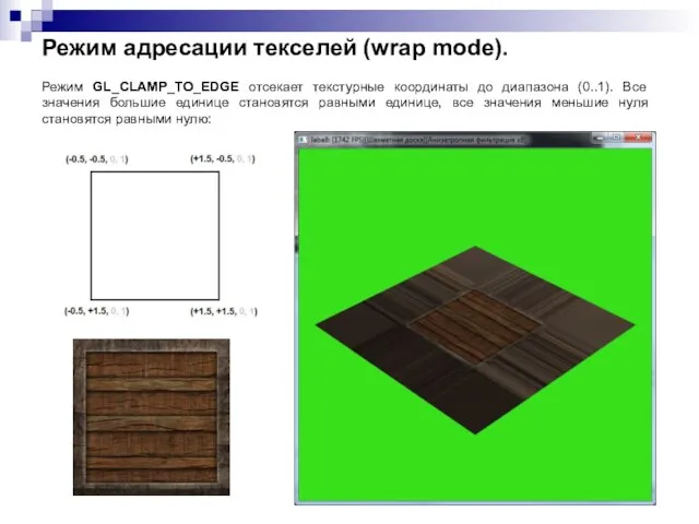 Режим адресации текселей (wrap mode). Режим GL_CLAMP_TO_EDGE отсекает текстурные координаты до диапазона