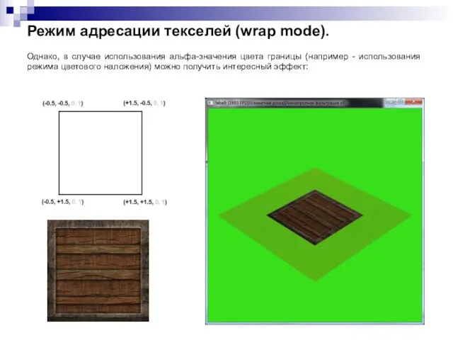 Режим адресации текселей (wrap mode). Однако, в случае использования альфа-значения цвета границы