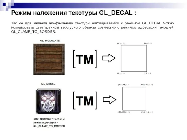Режим наложения текстуры GL_DECAL : Так же для задания альфа-канала текстуры накладываемой