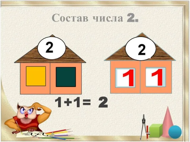 Состав числа 2. 2 1+1=