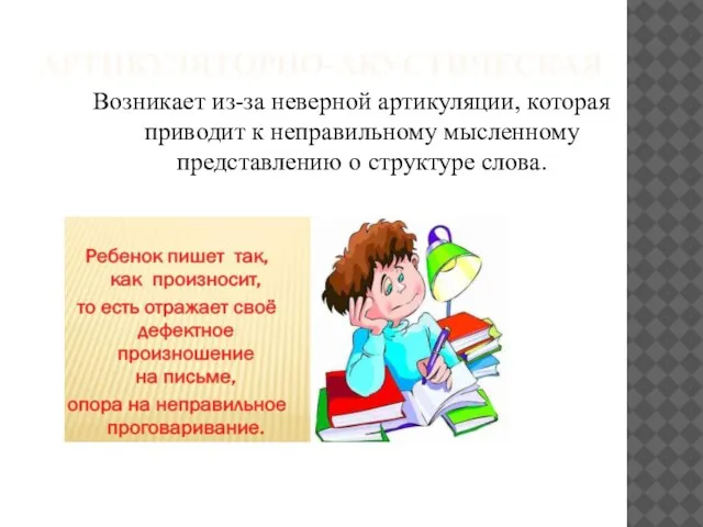 АРТИКУЛЯТОРНО-АКУСТИЧЕСКАЯ Возникает из-за неверной артикуляции, которая приводит к неправильному мысленному представлению о структуре слова.