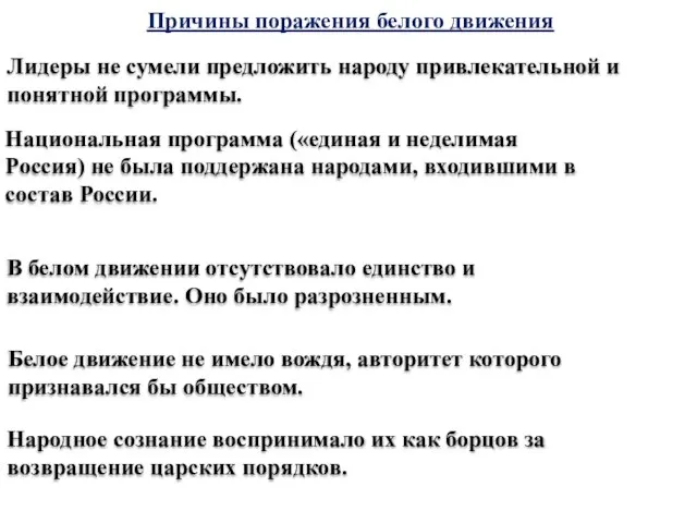 Причины поражения белого движения Лидеры не сумели предложить народу привлекательной и понятной