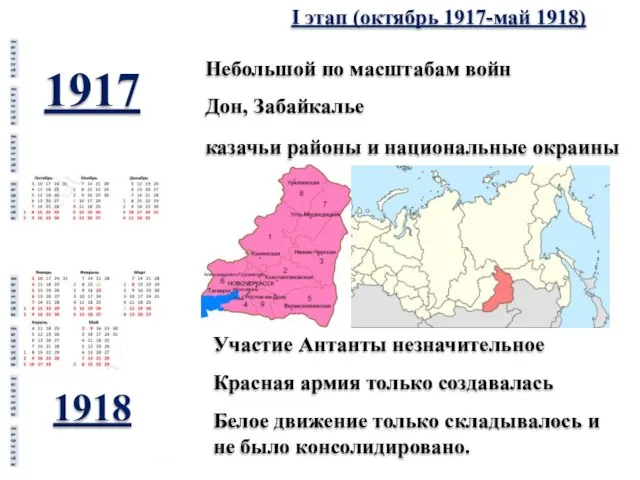 Белое движение только складывалось и не было консолидировано. I этап (октябрь 1917-май