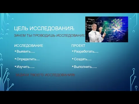 ЦЕЛЬ ИССЛЕДОВАНИЯ: ЗАЧЕМ ТЫ ПРОВОДИШЬ ИССЛЕДОВАНИЕ? Выявить…. Определить… Изучить….. ИССЛЕДОВАНИЕ Разработать…. Создать….