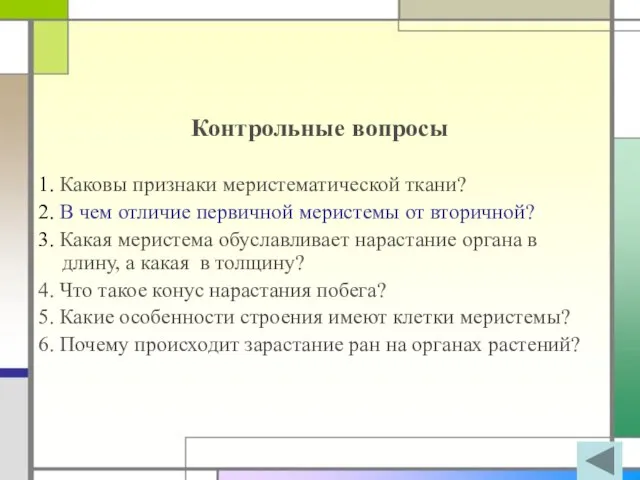 Контрольные вопросы 1. Каковы признаки меристематической ткани? 2. В чем отличие первичной