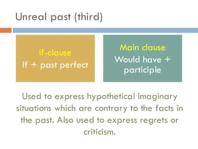 Unreal past (third) If-clause If + past perfect Main clause Would have