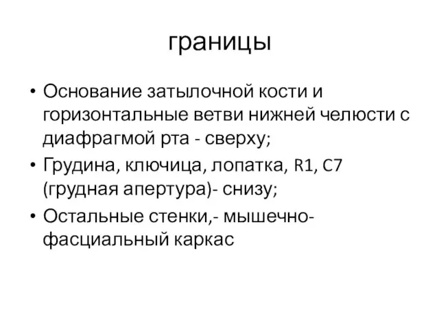 границы Основание затылочной кости и горизонтальные ветви нижней челюсти с диафрагмой рта